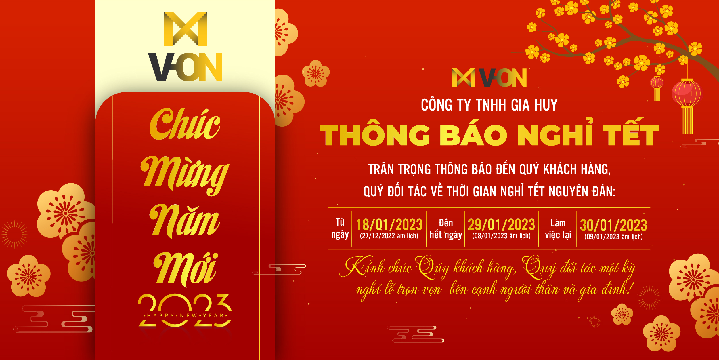 V-ON THÔNG BÁO NGHỈ TẾT NGUYÊN ĐÁN 2023